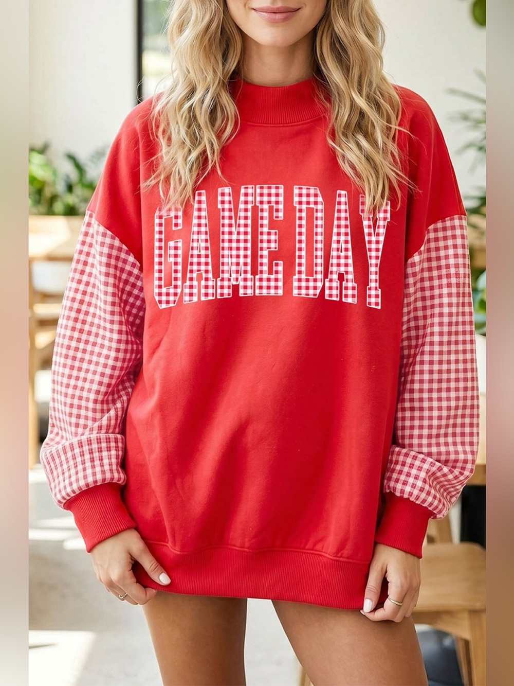 Game Day Plaid Sleeve Mock Neck Sweatshirt